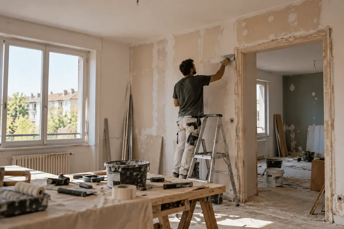 Artisan rénovant les murs d'un appartement ancien