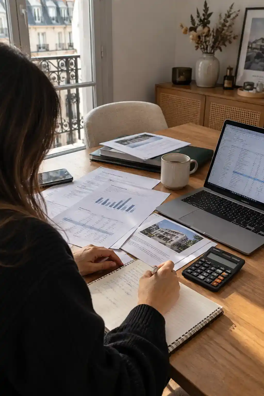 Investisseuse étudiant ses documents et calculs pour choisir son régime fiscal