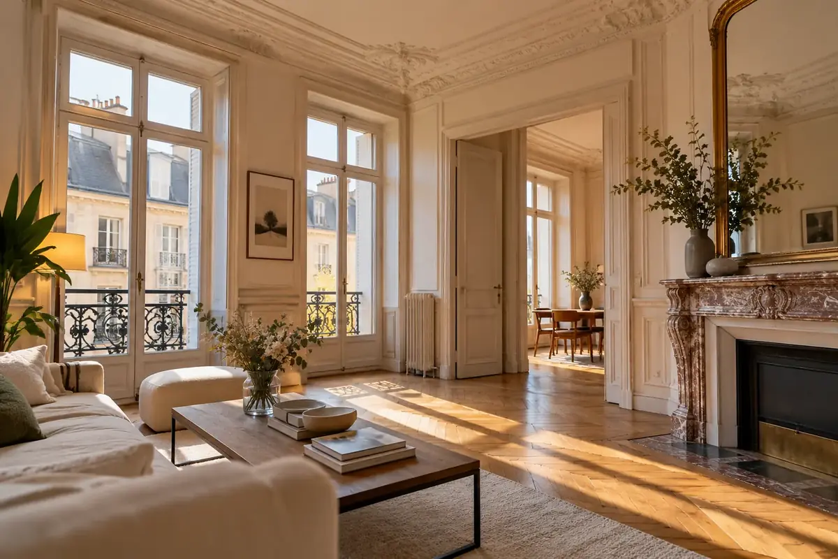 Salon d'un appartement haussmannien rénové avec moulures et cheminée en marbre