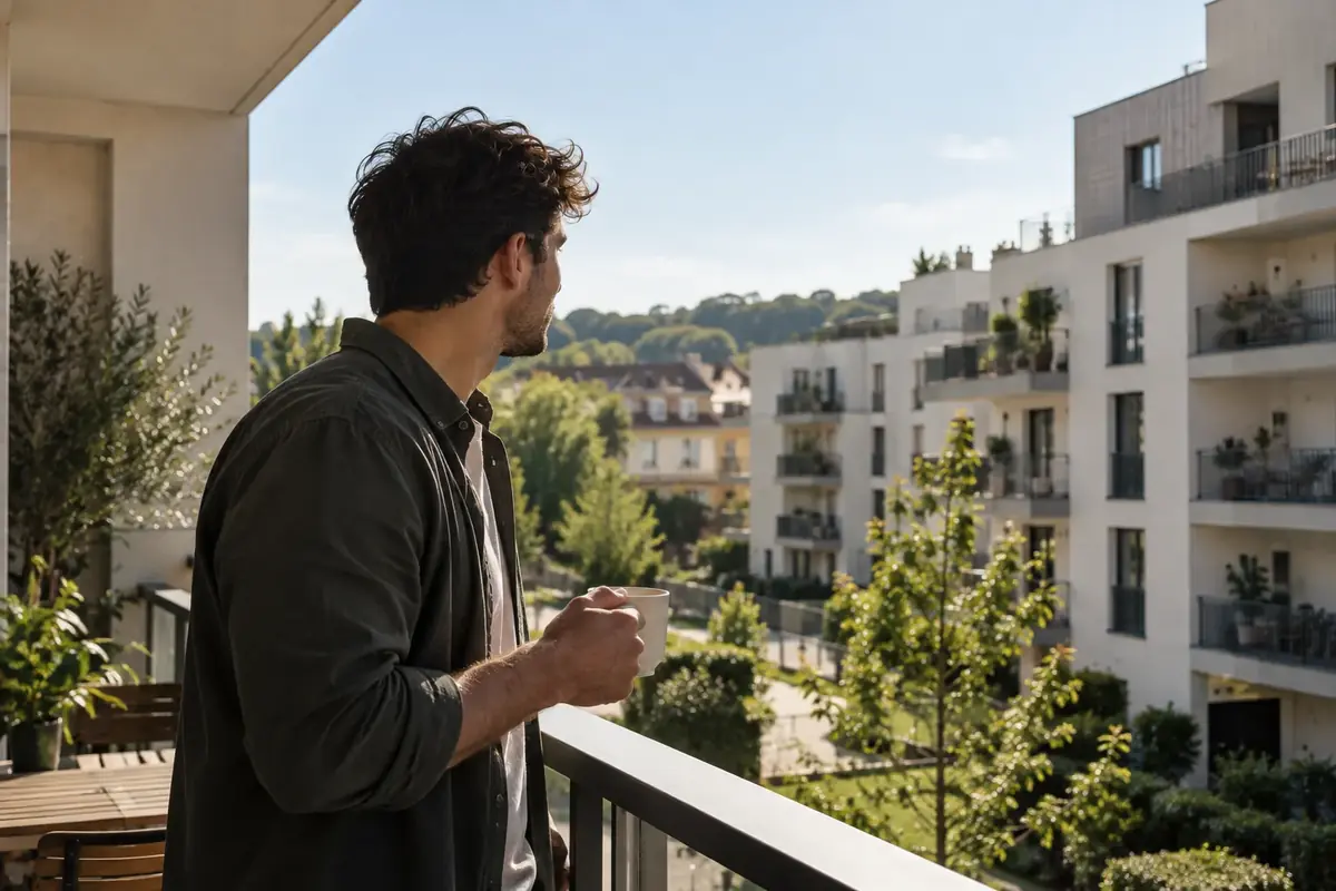 Pause café sur le balcon d'un appartement en ville