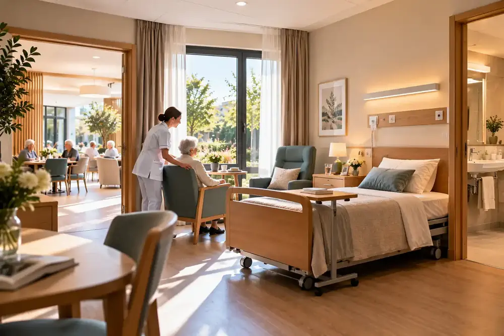 Chambre d'EHPAD lumineuse avec une soignante et une résidente