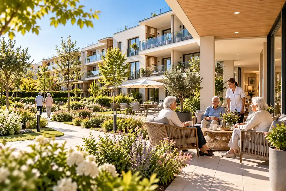 Résidents seniors sur la terrasse d'une résidence avec jardin